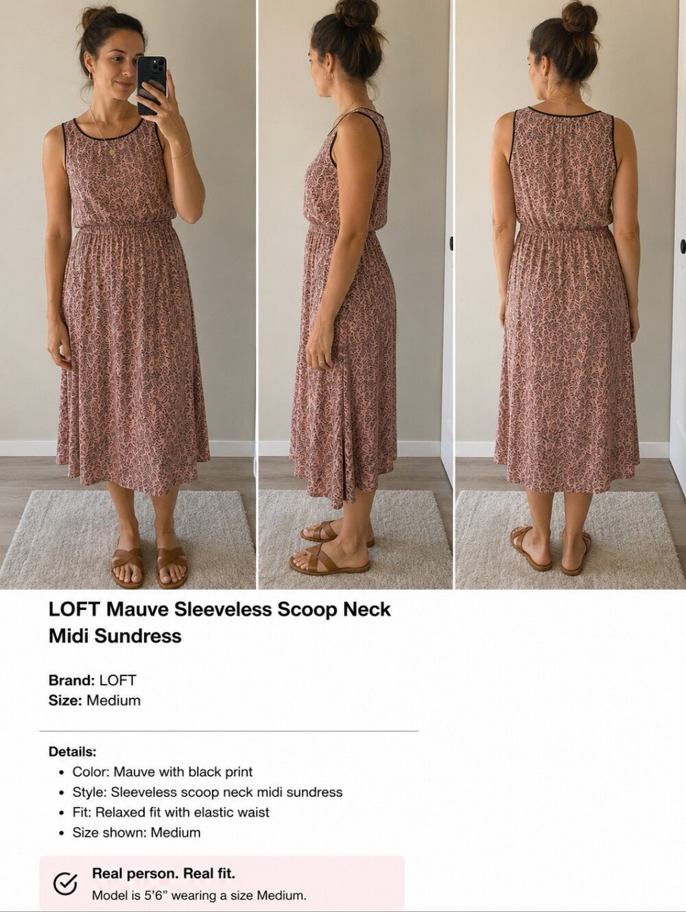 LOFT Mauve Sleeveless Scoop Neck Midi Sundress Size Medium Summer Dress